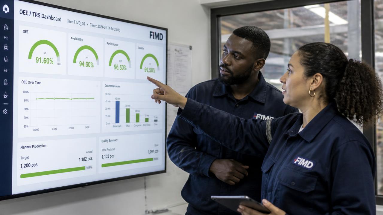 Tableau de bord industriel affichant les indicateurs TRS et OEE
